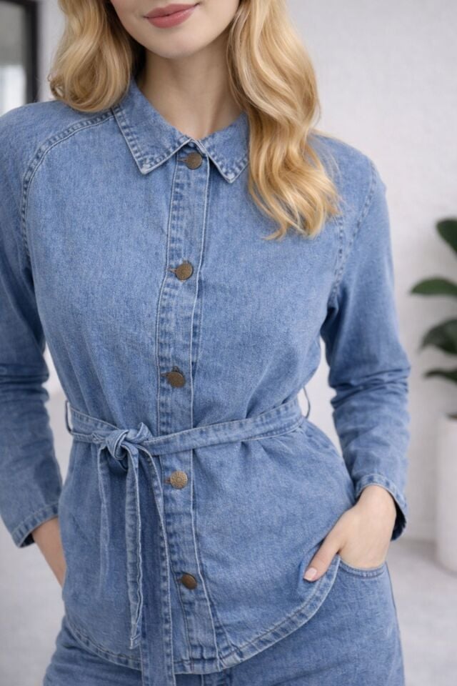 Kadın Modern Kesim Kuşaklı Denim Takım YZ2601 Mavi - 48