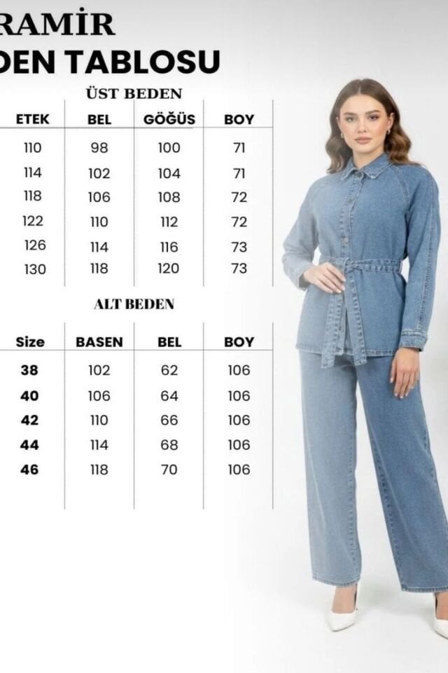 Kadın Modern Kesim Kuşaklı Denim Takım YZ2601 Mavi - 48