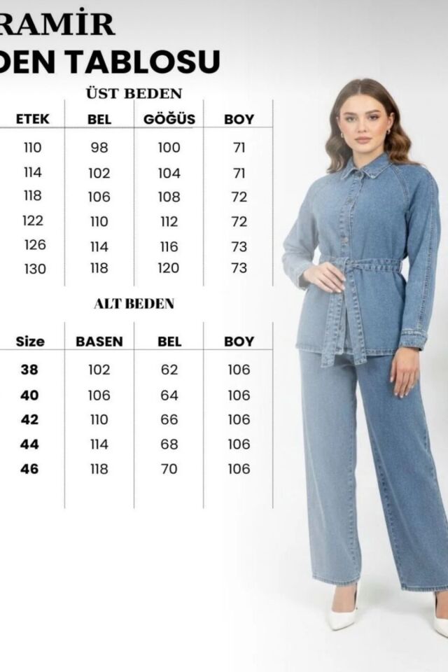 Kadın Modern Kesim Kuşaklı Denim Takım YZ2601 Mavi - 48
