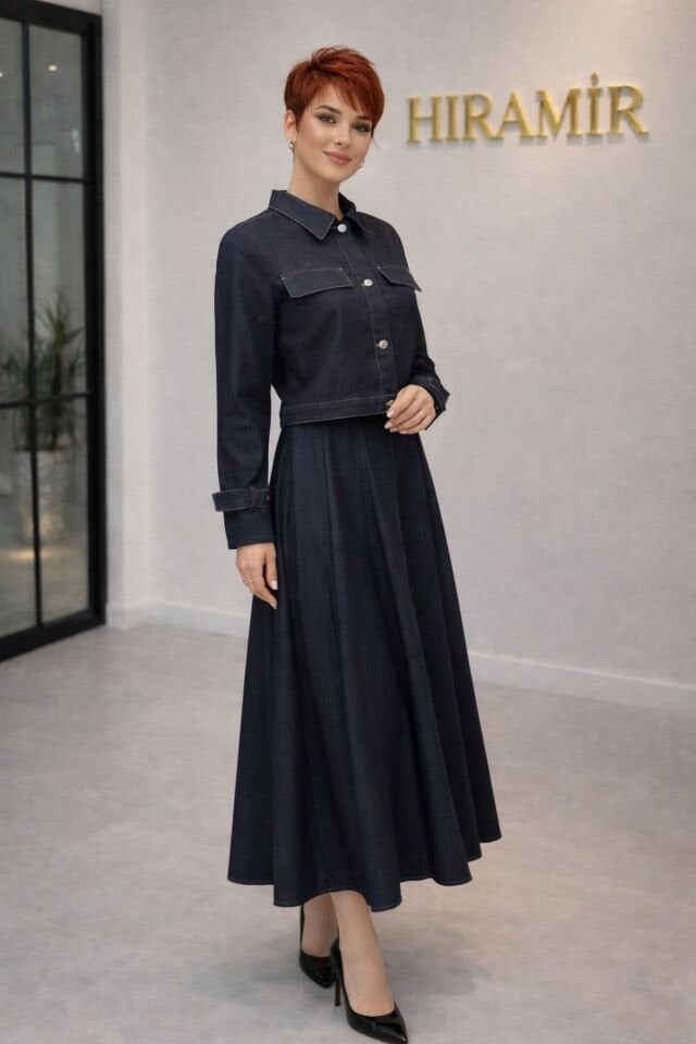 Kadın İnce Denim Dokulu Ceketli Elbise Takım YZZ2518 siyah - L