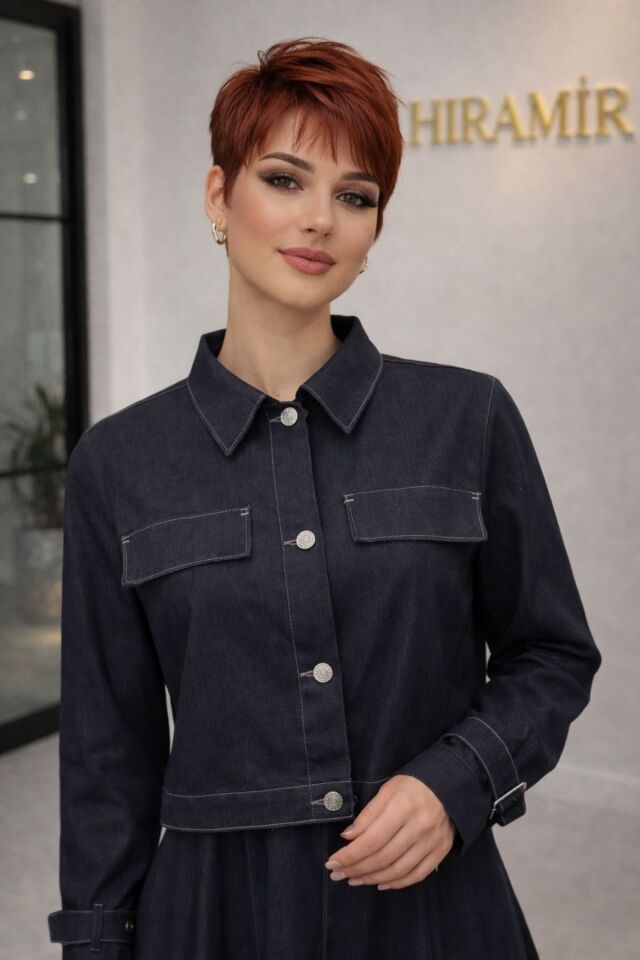 Kadın İnce Denim Dokulu Ceketli Elbise Takım YZZ2518 siyah - L