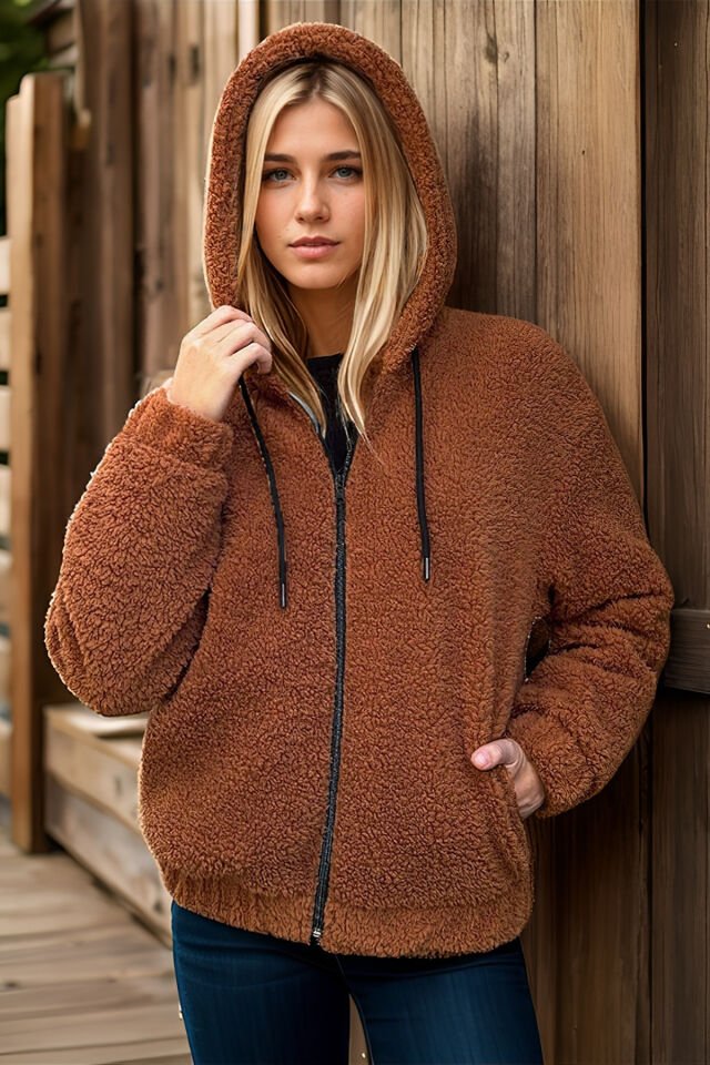 Peluş Kapüşonlu Kadın Bomber Mont Taş KS2503 M - Tarçın
