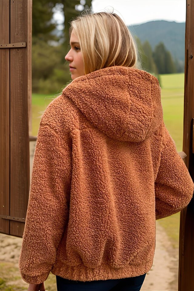 Peluş Kapüşonlu Kadın Bomber Mont Taş KS2503 M - Tarçın