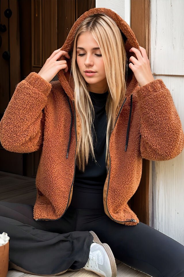 Peluş Kapüşonlu Kadın Bomber Mont Taş KS2503 M - Tarçın