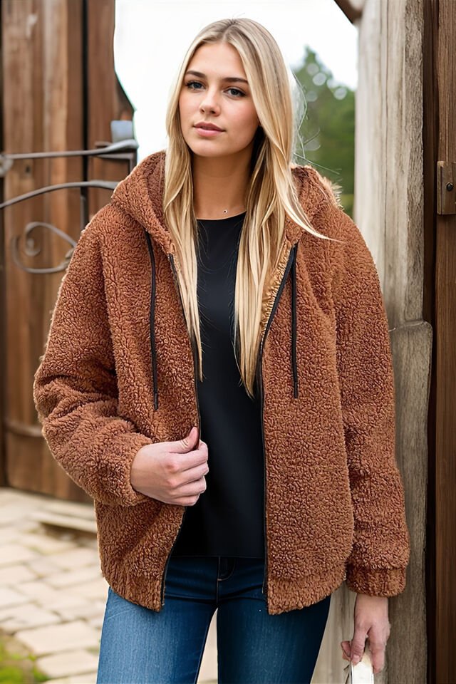 Peluş Kapüşonlu Kadın Bomber Mont Taş KS2503 M - Tarçın