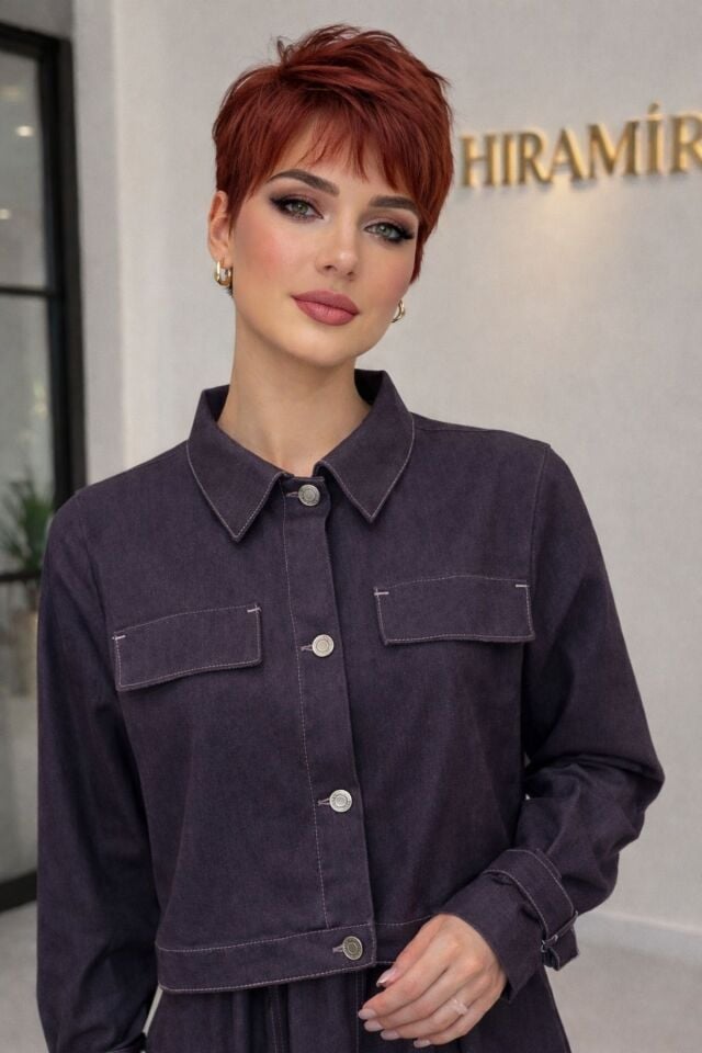 Kadın İnce Denim Dokulu Ceketli Elbise Takım YZZ2518 Çok Renkli - XL