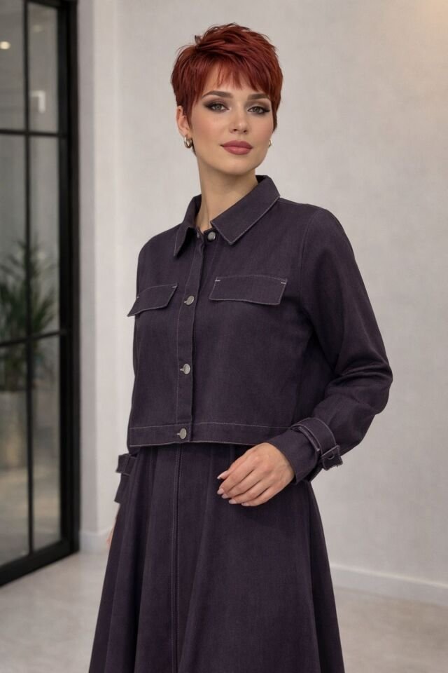 Kadın İnce Denim Dokulu Ceketli Elbise Takım YZZ2518 Çok Renkli - XL