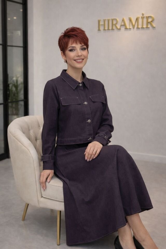 Kadın İnce Denim Dokulu Ceketli Elbise Takım YZZ2518 Çok Renkli - XL