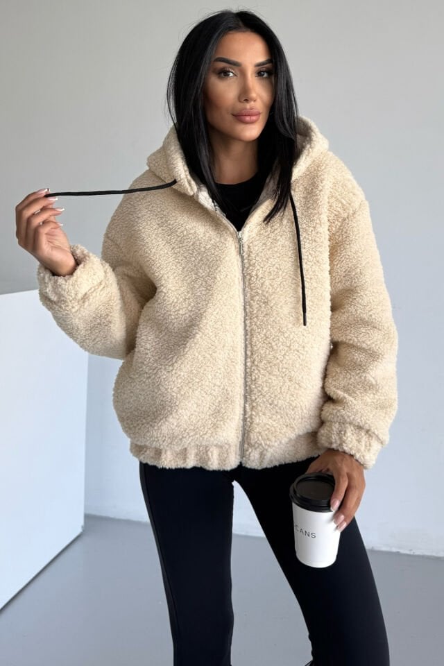 Peluş Kapüşonlu Kadın Bomber Mont Taş KS2503 XL - Bej