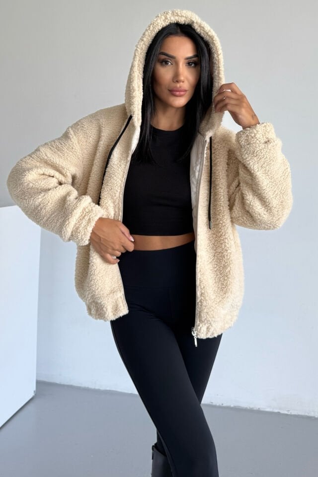 Peluş Kapüşonlu Kadın Bomber Mont Taş KS2503 XL - Bej