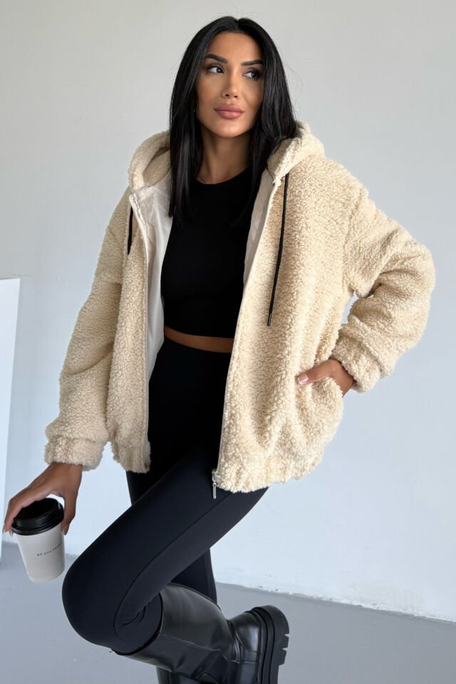 Peluş Kapüşonlu Kadın Bomber Mont Taş KS2503 XL - Bej