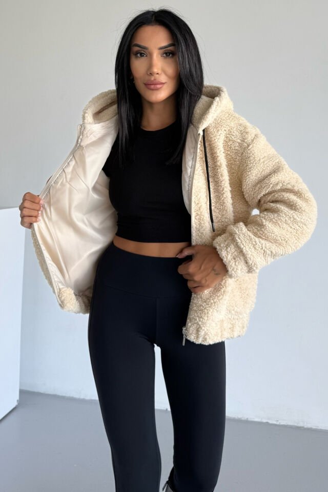 Peluş Kapüşonlu Kadın Bomber Mont Taş KS2503 XL - Bej