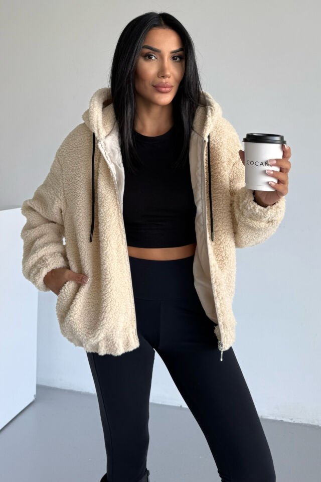 Peluş Kapüşonlu Kadın Bomber Mont Taş KS2503 XL - Bej