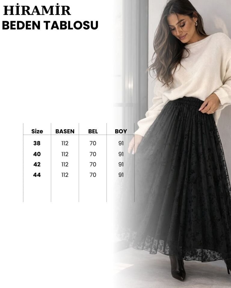 Kadın Çiçekli flok tül Astarlı Etek YZ2618 Siyah - 44