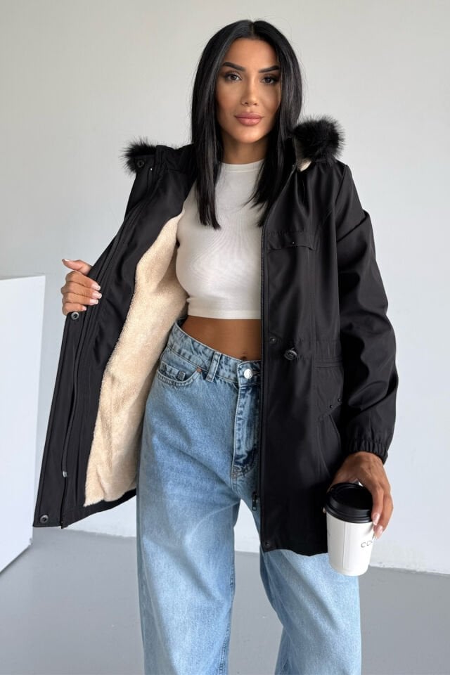 Bilek Lastikli Kapüşonlu Bondit Mont Siyah KS2516 S - siyah