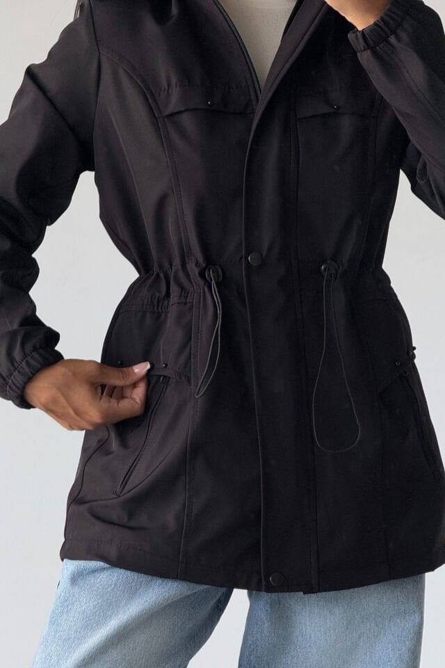 Bilek Lastikli Kapüşonlu Bondit Mont Siyah KS2516 S - siyah