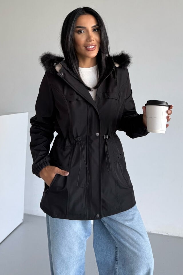 Bilek Lastikli Kapüşonlu Bondit Mont Siyah KS2516 S - siyah