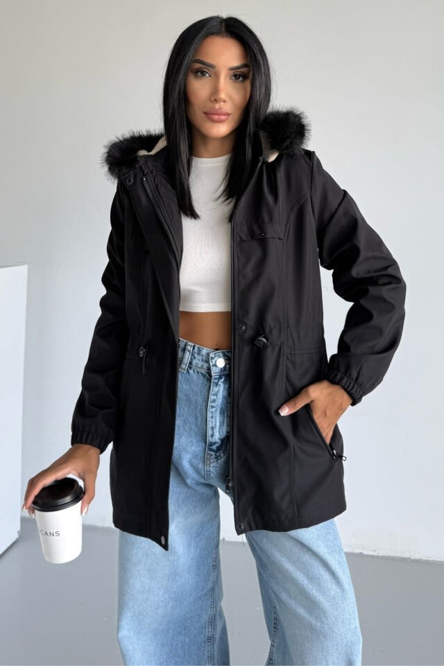 Bilek Lastikli Kapüşonlu Bondit Mont Siyah KS2516 S - siyah