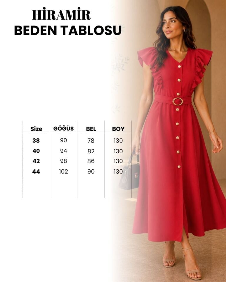 Kadın Gold Düğme Detaylı Kemer Detaylı Kol FIrfır Elbise YZ2754 Açık Bordo - 42