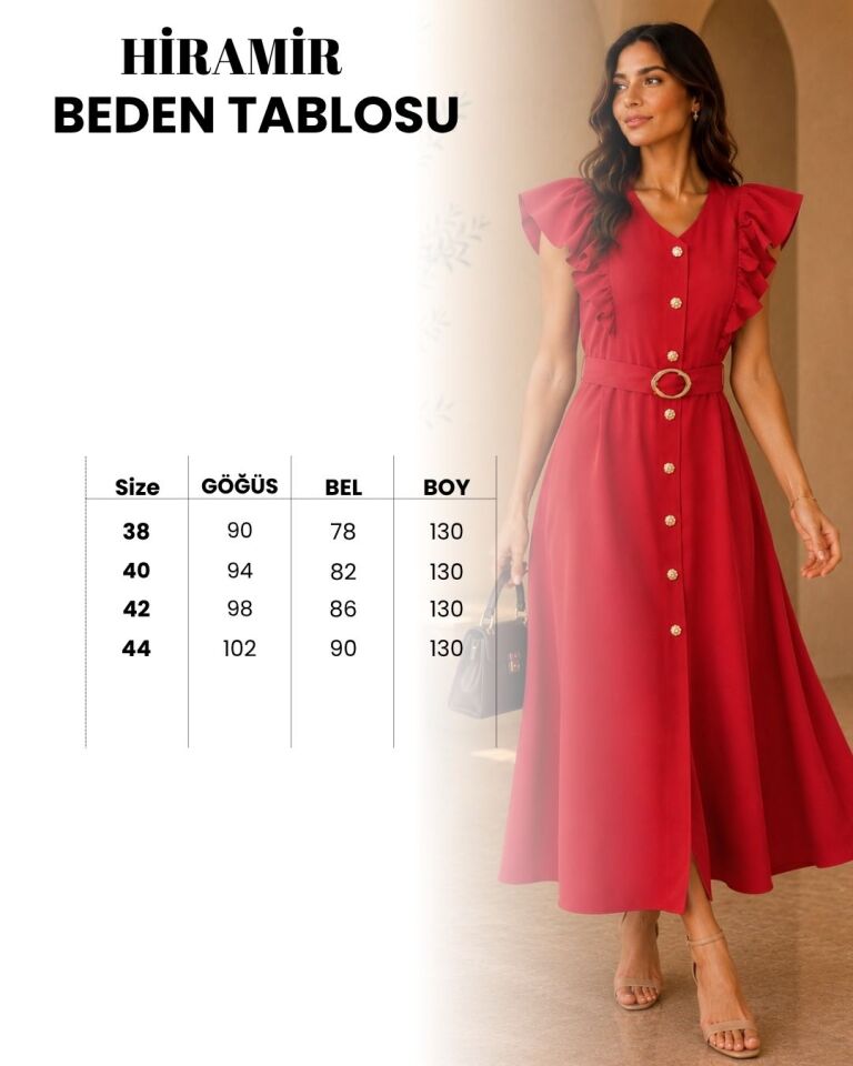 Kadın Gold Düğme Detaylı Kemer Detaylı Kol FIrfır Elbise YZ2754 Açık Bordo - 44