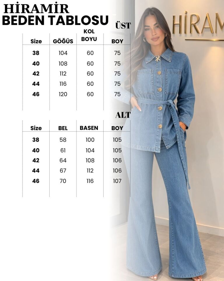 Kadın Kot Takım Düğme Detaylı Kuşaklı Ceket Bol Paça Pantolon Takım YZ2521 Mavi - 46