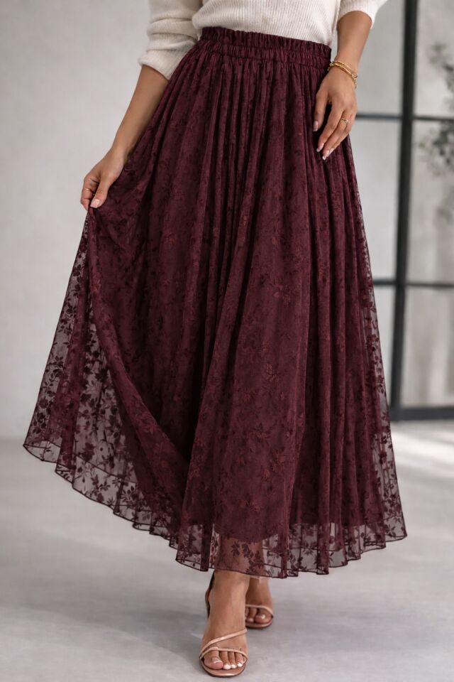 Kadın Çiçekli flok tül Astarlı Etek YZ2620 Bordo - 42