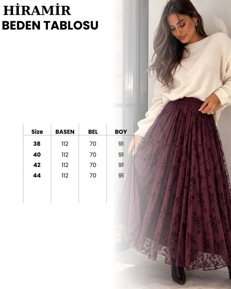 Kadın Çiçekli flok tül Astarlı Etek YZ2620 Bordo - 42
