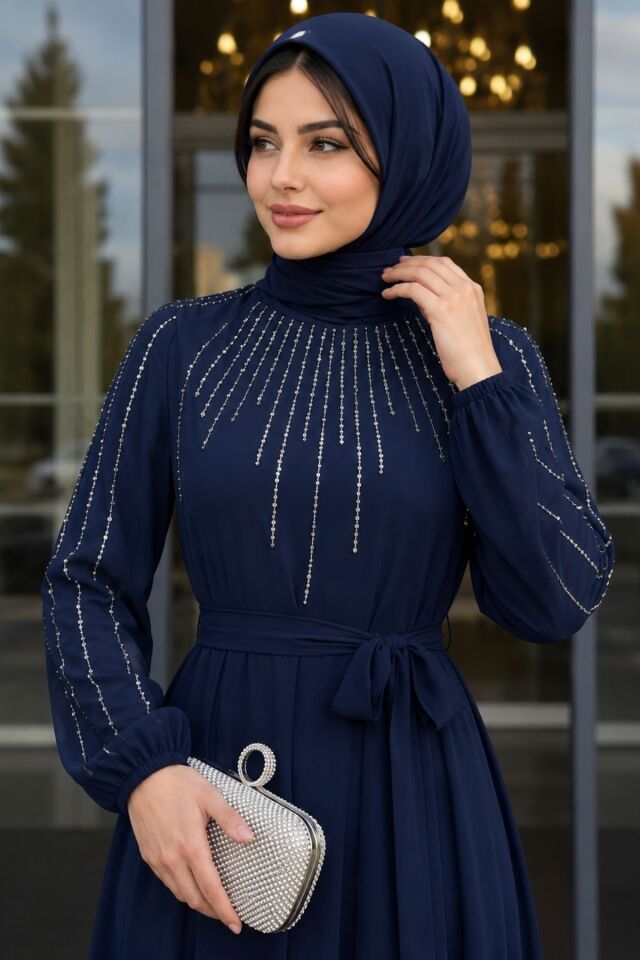 Kadın  Şifon Taş İşleme Uzun Tesettür Abiye ElbiseYZ2755 Zümrüt Yeşili - 44