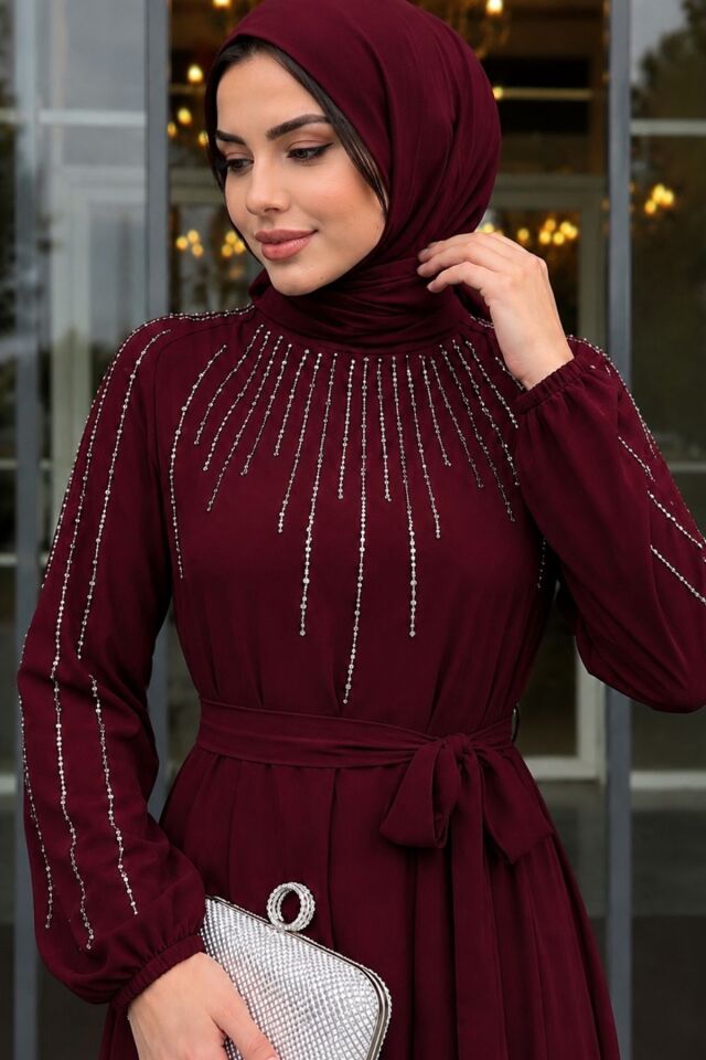 Kadın  Şifon Taş İşleme Uzun Tesettür Abiye ElbiseYZ2755 Bordo - 48