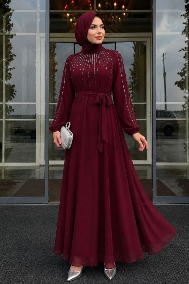 Kadın  Şifon Taş İşleme Uzun Tesettür Abiye ElbiseYZ2755 Bordo - 50