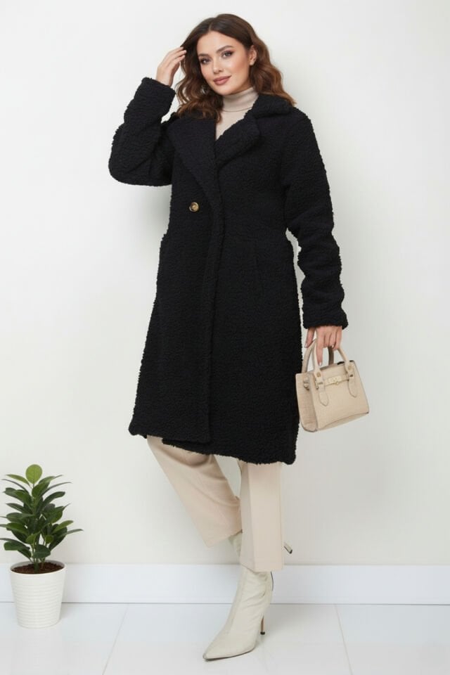 Peluş Düğmeli Astarlı Kadın Mont KS2544