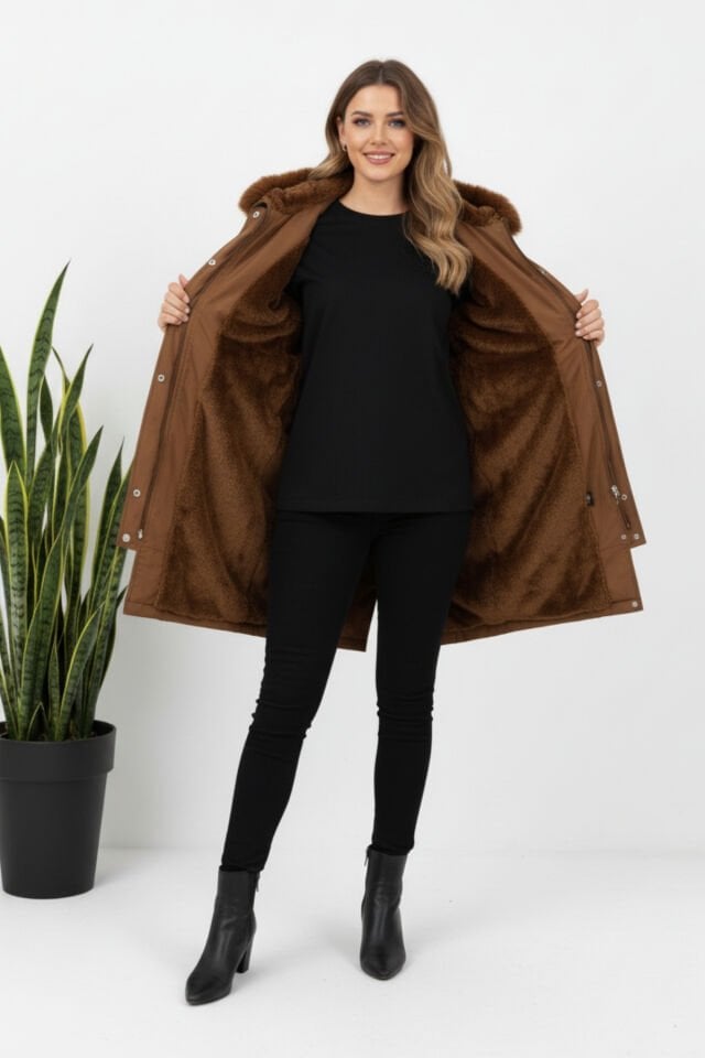 Kadın Kürk Kapüşonlu Astarlı Fermuarlı Mont KS2546