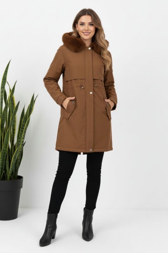 Kadın Kürk Kapüşonlu Astarlı Fermuarlı Mont KS2546