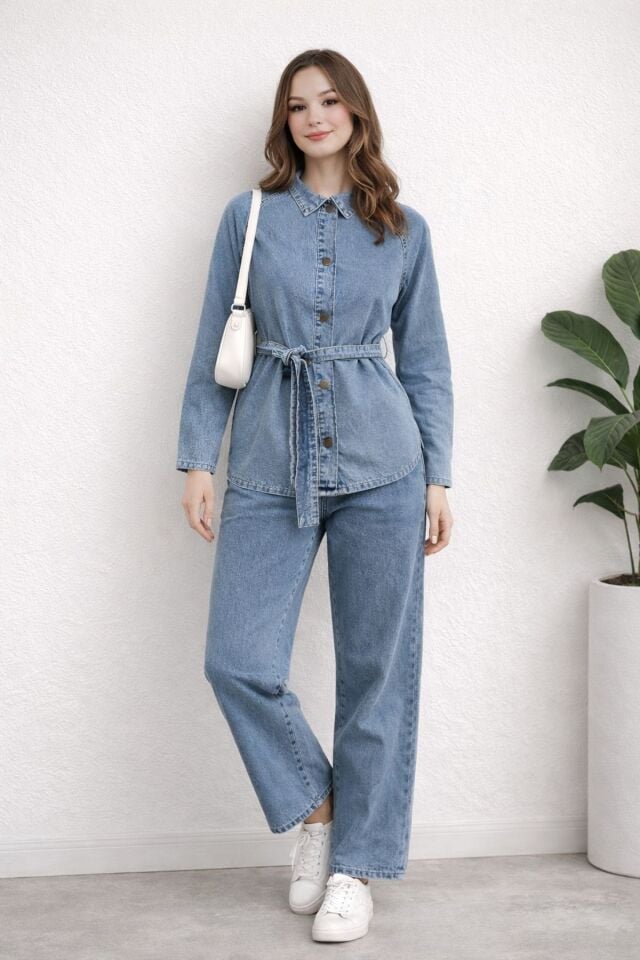 Kadın Modern Kesim Kuşaklı Denim Takım YZ2601 Mavi - 48