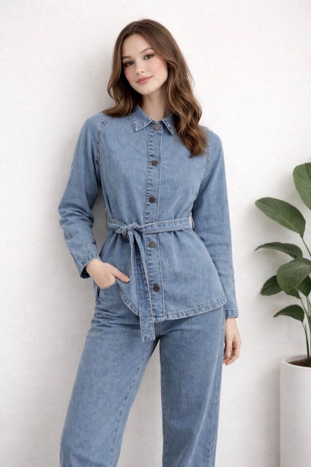 Kadın Modern Kesim Kuşaklı Denim Takım YZ2601 Mavi - 48