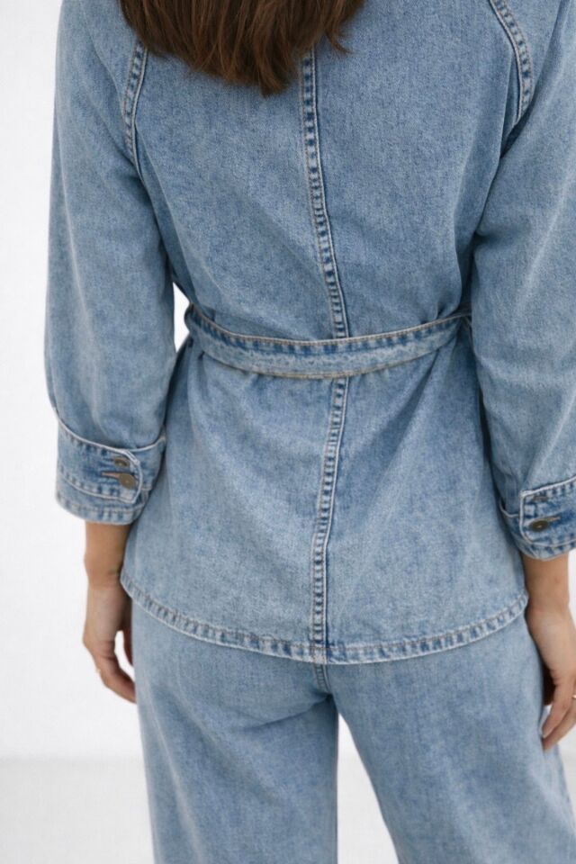 Kadın Modern Kesim Kuşaklı Denim Takım YZ2601 Mavi - 48