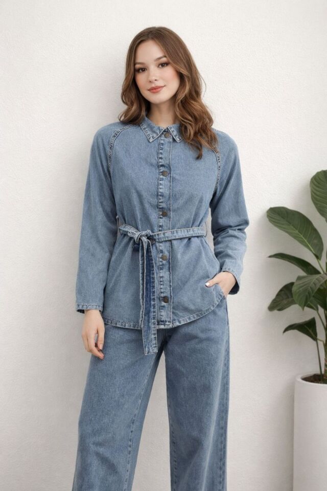 Kadın Modern Kesim Kuşaklı Denim Takım YZ2601 Mavi - 48