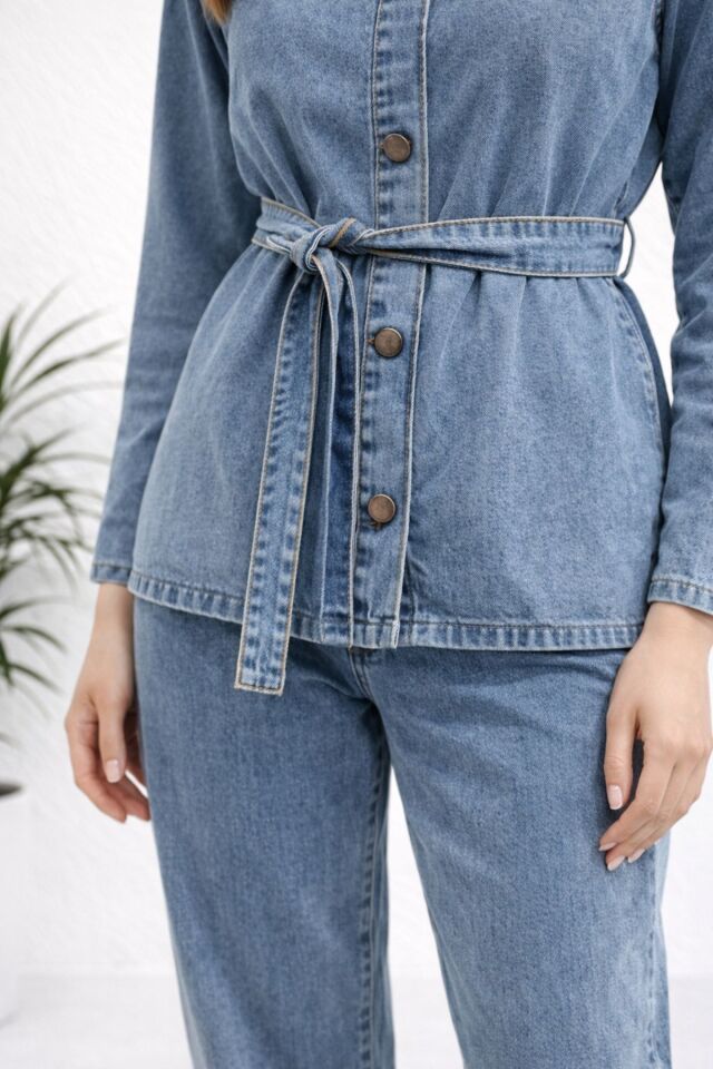 Kadın Modern Kesim Kuşaklı Denim Takım YZ2601 Mavi - 48