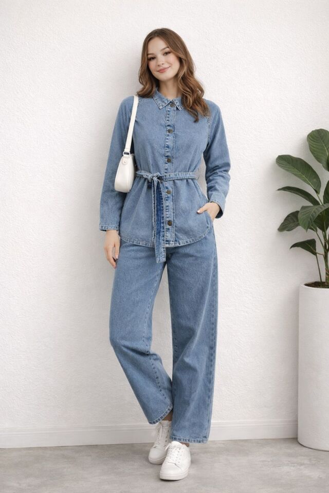 Kadın Modern Kesim Kuşaklı Denim Takım YZ2601 Mavi - 48