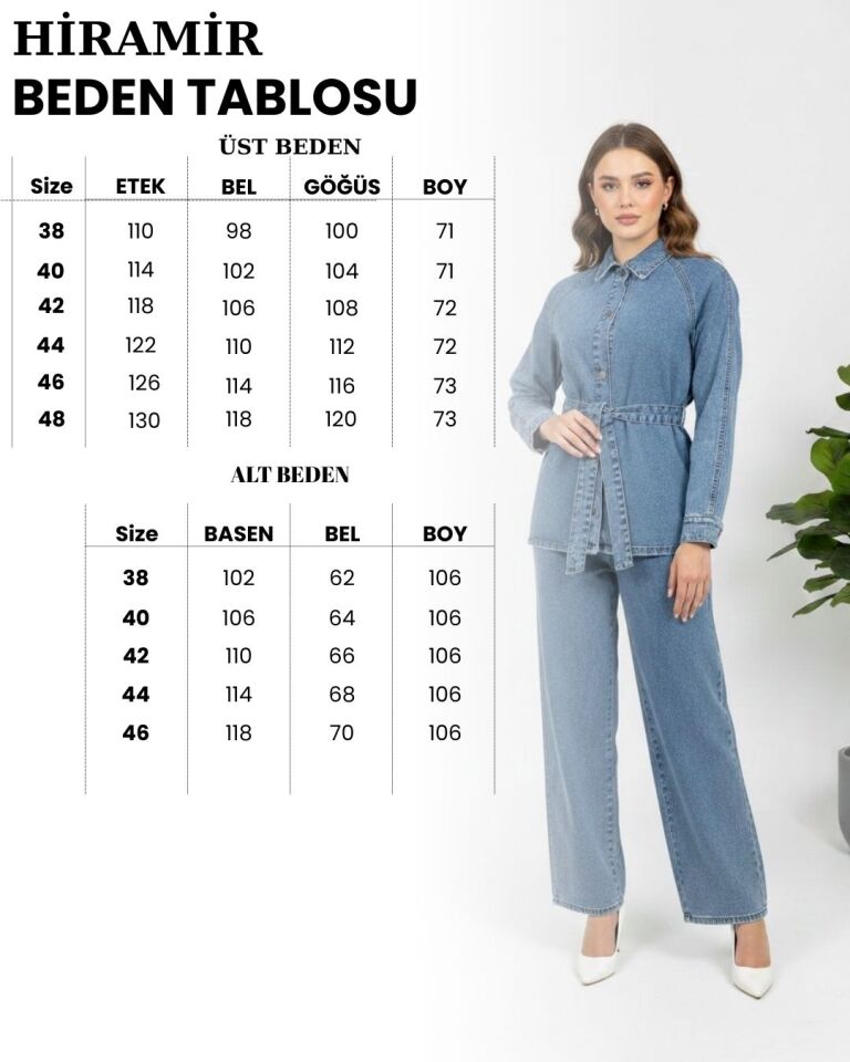 Kadın Modern Kesim Kuşaklı Denim Takım YZ2601 Mavi - 48
