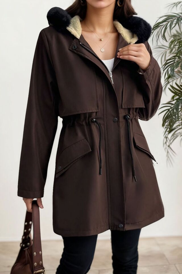 Yeni Sezon Kapüşon Önü Uzun Tüylü İçi Kürk Astarlı Kadın Mont KS2533 40 - Kahverengi