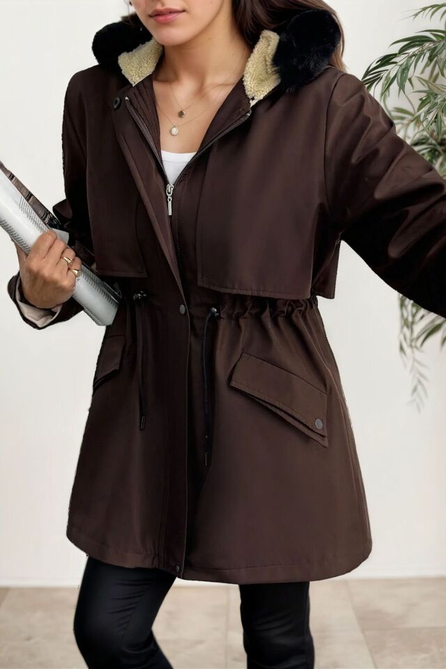 Yeni Sezon Kapüşon Önü Uzun Tüylü İçi Kürk Astarlı Kadın Mont KS2533 40 - Kahverengi