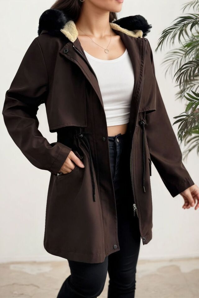 Yeni Sezon Kapüşon Önü Uzun Tüylü İçi Kürk Astarlı Kadın Mont KS2533 40 - Kahverengi