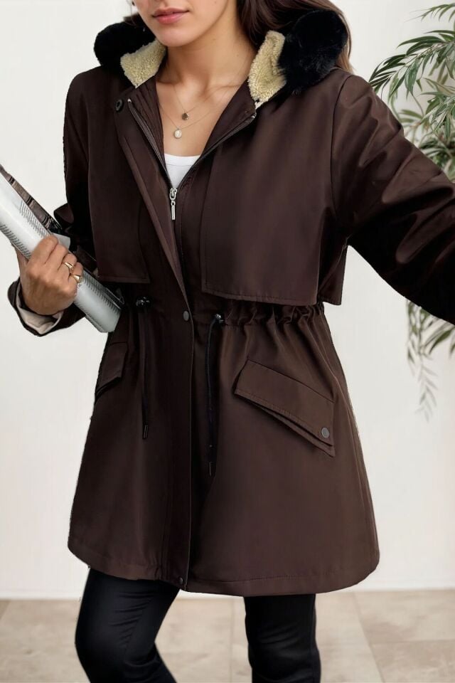 Yeni Sezon Kapüşon Önü Uzun Tüylü İçi Kürk Astarlı Kadın Mont KS2533 44 - Kahverengi