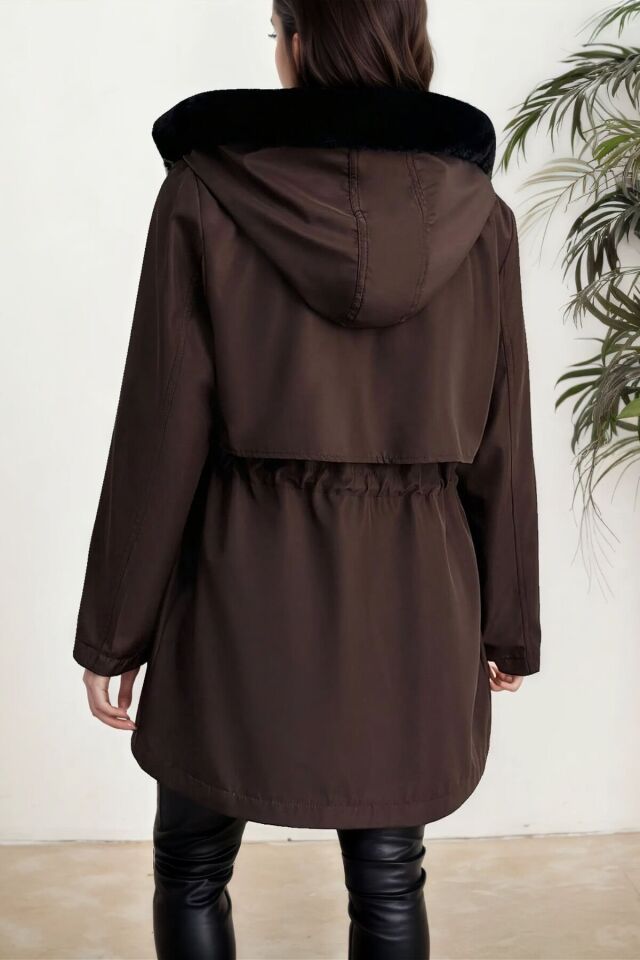 Yeni Sezon Kapüşon Önü Uzun Tüylü İçi Kürk Astarlı Kadın Mont KS2533 44 - Kahverengi